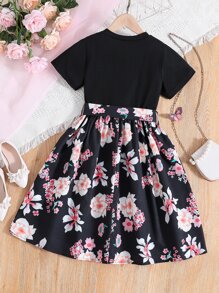 SHEIN Girls Floral Print Belted Dress - Black - View 2
