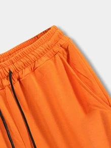 ROMWE MEN Prep 男士字母圖形條紋飾邊束腰短褲 - 橘色 - 查看 5