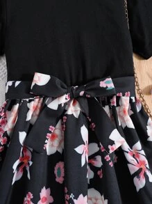 SHEIN Girls Floral Print Belted Dress - Black - View 3