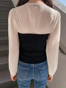 DAZY Áo cánh tay đèn lồng hai tông màu, quần áo mùa thu, áo dài tay - Đen và trắng - Xem 2