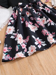 SHEIN Girls Floral Print Belted Dress - Black - View 5