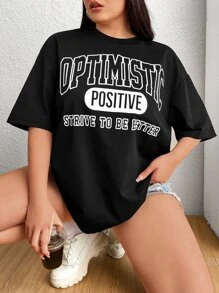 SHEIN EZwear 大碼標語圖案落肩T恤 - 黑色 - 查看 1