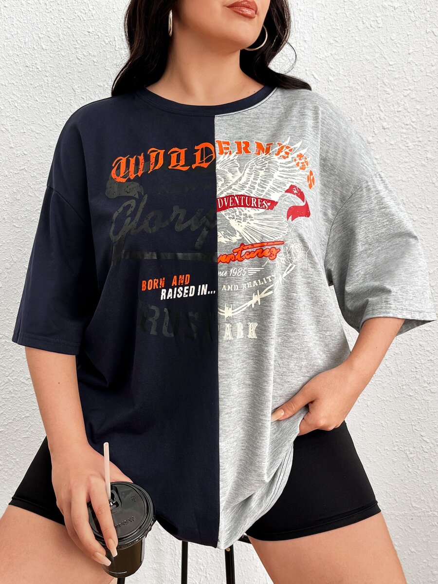 SHEIN EZwear Plus Letter Graphic Two Tone Drop Shoulder Tee - Multicolor - View 1
