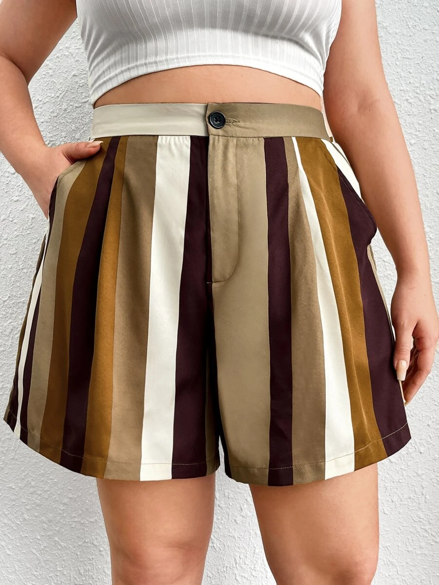 SHEIN EZwear Shorts con estampado de rayas con cremallera - Multicolor - Ver 1