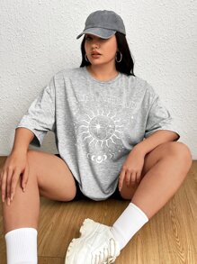 SHEIN EZwear Áo thun Plus size Đồ họa Lá thư Giải trí - Màu Xám nhạt - Xem 1