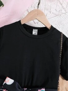 SHEIN Girls Floral Print Belted Dress - Black - View 6