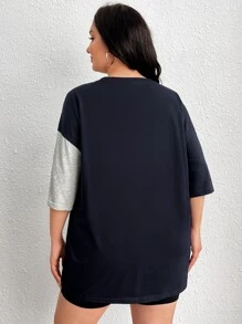 SHEIN EZwear Plus Letter Graphic Two Tone Drop Shoulder Tee - Multicolor - View 2