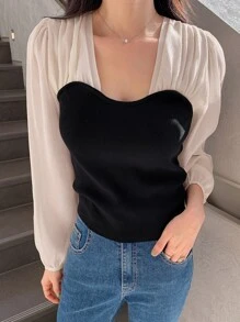 DAZY Áo cánh tay đèn lồng hai tông màu, quần áo mùa thu, áo dài tay - Đen và trắng - Xem 5