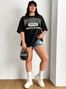 SHEIN EZwear 大碼標語圖案落肩T恤 - 黑色 - 查看 3