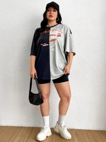 SHEIN EZwear Plus Letter Graphic Two Tone Drop Shoulder Tee - Multicolor - View 3