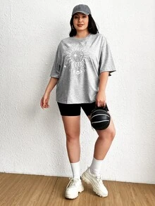 SHEIN EZwear Áo thun Plus size Đồ họa Lá thư Giải trí - Màu Xám nhạt - Xem 3