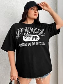 SHEIN EZwear 大碼標語圖案落肩T恤 - 黑色 - 查看 4