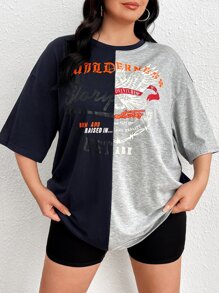 SHEIN EZwear Plus Letter Graphic Two Tone Drop Shoulder Tee - Multicolor - View 4