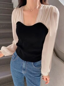 DAZY Áo cánh tay đèn lồng hai tông màu, quần áo mùa thu, áo dài tay - Đen và trắng - Xem 7