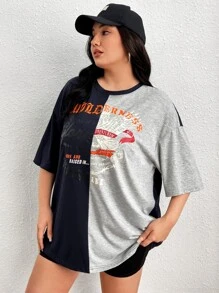 SHEIN EZwear Plus Letter Graphic Two Tone Drop Shoulder Tee - Multicolor - View 5