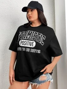 SHEIN EZwear 大碼標語圖案落肩T恤 - 黑色 - 查看 6