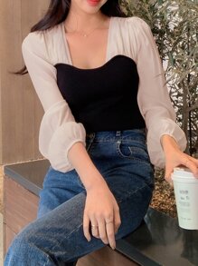 DAZY Áo cánh tay đèn lồng hai tông màu, quần áo mùa thu, áo dài tay - Đen và trắng - Xem 8