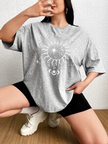 SHEIN EZwear Áo thun Plus size Đồ họa Lá thư Giải trí - Màu Xám nhạt - Xem 5