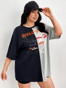 SHEIN EZwear Plus Letter Graphic Two Tone Drop Shoulder Tee - Multicolor - View 6
