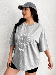 SHEIN EZwear Áo thun Plus size Đồ họa Lá thư Giải trí - Màu Xám nhạt - Xem 6