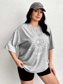 SHEIN EZwear Áo thun Plus size Đồ họa Lá thư Giải trí - Màu Xám nhạt - Xem 7
