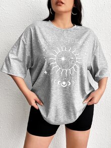 SHEIN EZwear Áo thun Plus size Đồ họa Lá thư Giải trí - Màu Xám nhạt - Xem 8