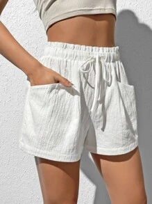 SHEIN EZwear Paperbag Waist Drawstring Front Shorts - White - View 4