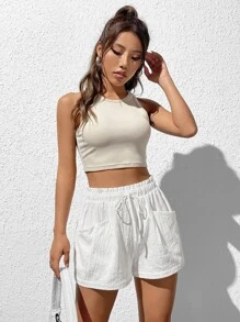 SHEIN EZwear Paperbag Waist Drawstring Front Shorts - White - View 5