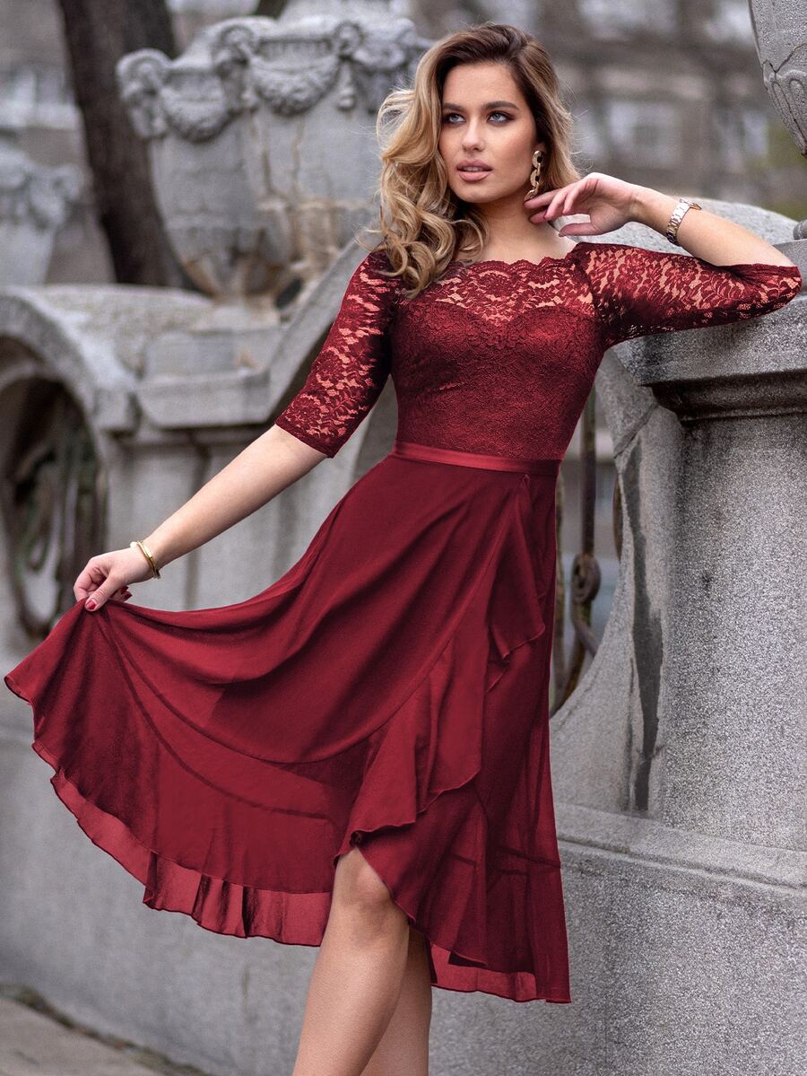 MIUSOL Floral Lace Boat Neck Sleeveless Chiffon Ruffle Hem Swing Dress For Party