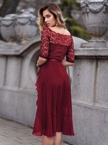 MIUSOL Floral Lace Boat Neck Sleeveless Chiffon Ruffle Hem Swing Dress For Party - Red - View 3