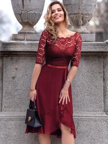 MIUSOL Floral Lace Boat Neck Sleeveless Chiffon Ruffle Hem Swing Dress For Party - Red - View 4