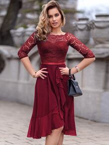 MIUSOL Floral Lace Boat Neck Sleeveless Chiffon Ruffle Hem Swing Dress For Party - Red - View 5