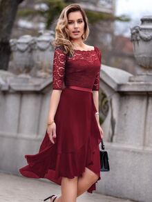 MIUSOL Floral Lace Boat Neck Sleeveless Chiffon Ruffle Hem Swing Dress For Party - Red - View 6