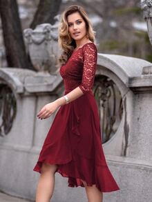MIUSOL Floral Lace Boat Neck Sleeveless Chiffon Ruffle Hem Swing Dress For Party - Red - View 7