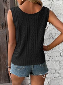 SHEIN VCAY Solid Cable Knit Top - Black - View 2
