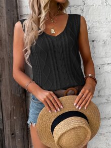 SHEIN VCAY Solid Cable Knit Top - Black - View 3