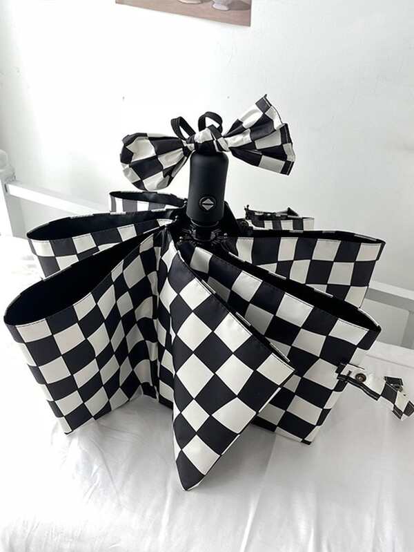 1pc Automatic Umbrella, Modern Checkered Pattern Umbrella For Outdoor