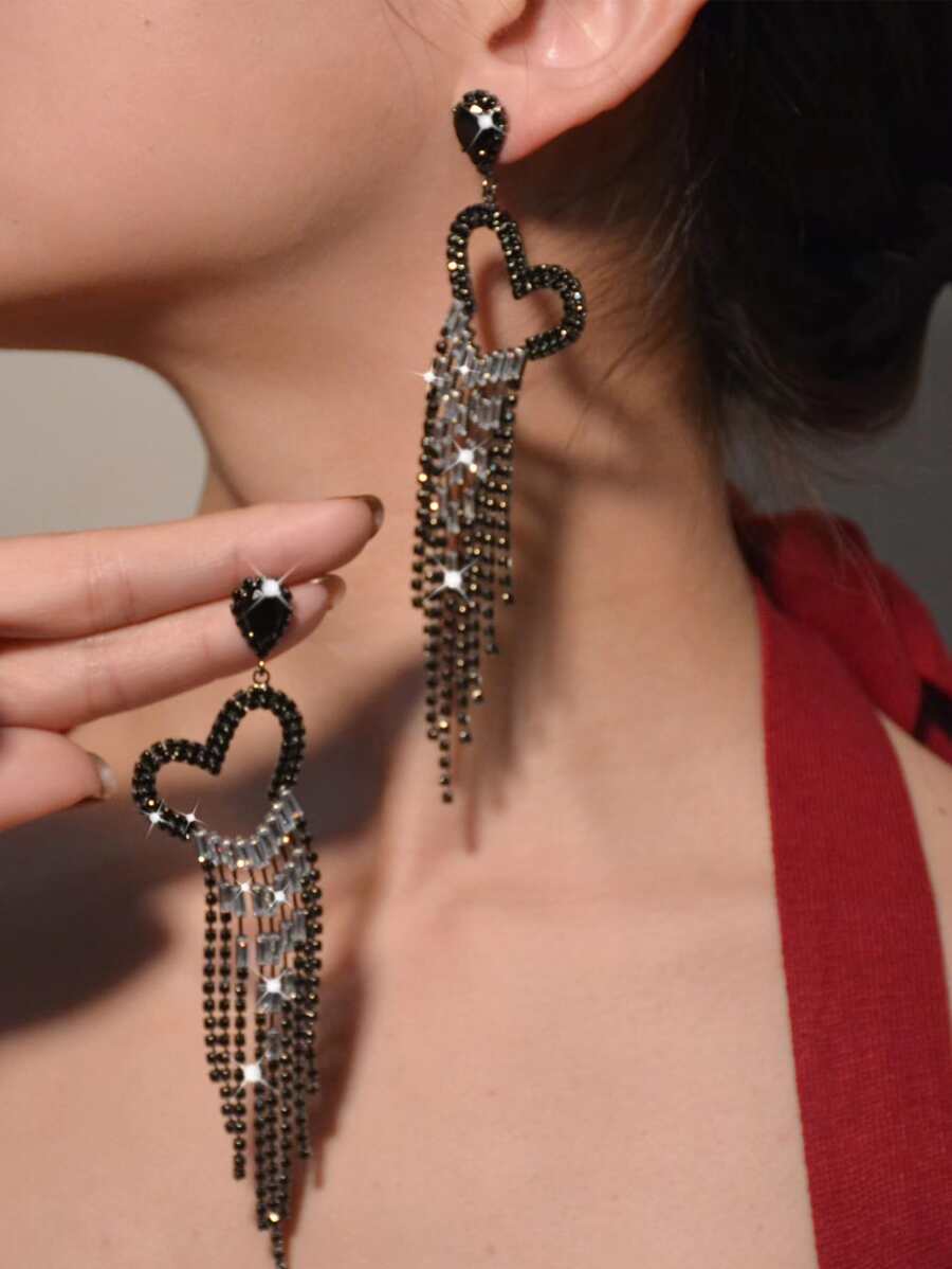 Pendientes largos con corazón & con diamante de imitación con fleco - Negro - Ver 1