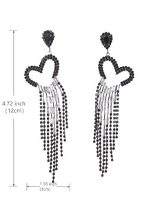 Pendientes largos con corazón & con diamante de imitación con fleco - Negro - Ver 3