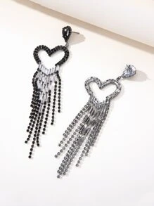 Pendientes largos con corazón & con diamante de imitación con fleco - Negro - Ver 4