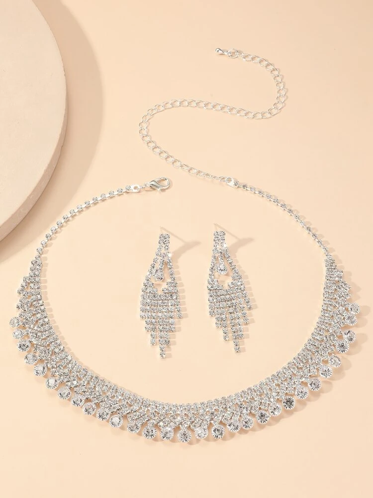 1pc Full Rhinestone Water Drop Shaped Necklace And 1pair Full Rhinestone Tassel Earrings Set, Versatile Accessories For Evening Dress