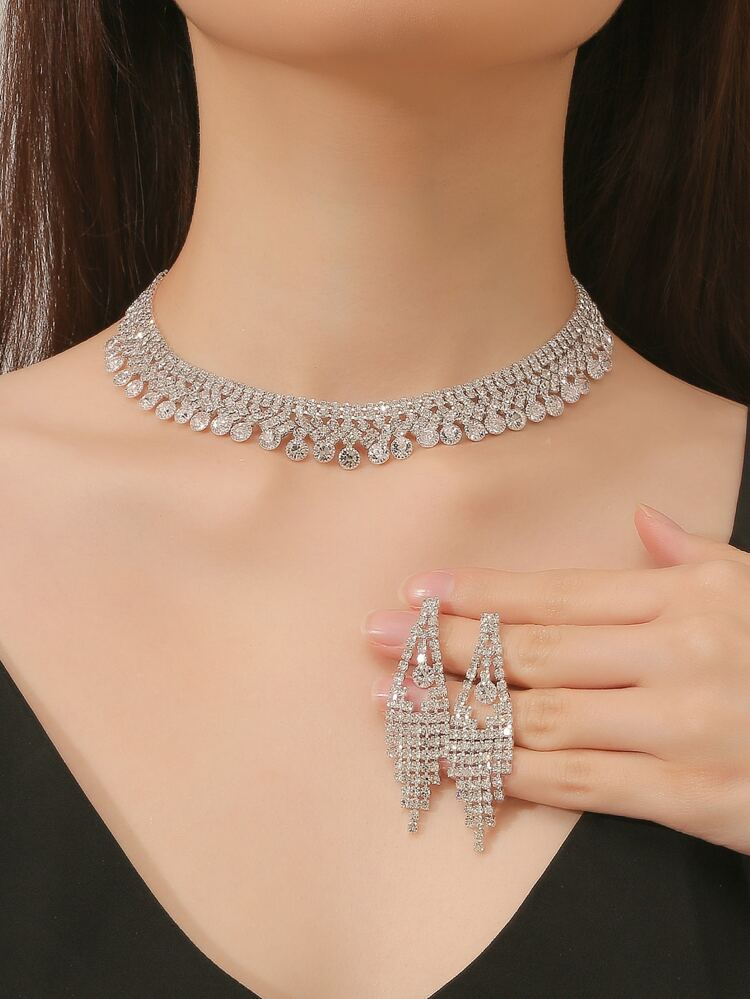 1pc Full Rhinestone Water Drop Shaped Necklace And 1pair Full Rhinestone Tassel Earrings Set, Versatile Accessories For Evening Dress