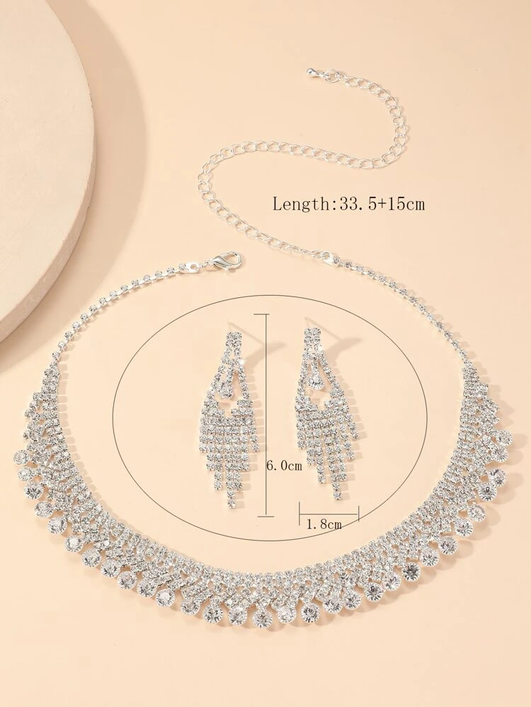 1pc Full Rhinestone Water Drop Shaped Necklace And 1pair Full Rhinestone Tassel Earrings Set, Versatile Accessories For Evening Dress