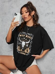 SHEIN EZwear 字母圖案落肩T恤 - 黑色 - 查看 3