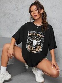 SHEIN EZwear 字母圖案落肩T恤 - 黑色 - 查看 4