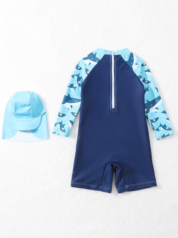 Baby Boy Whale Print Zipper Back One Piece Swimsuit With Accessory Swim