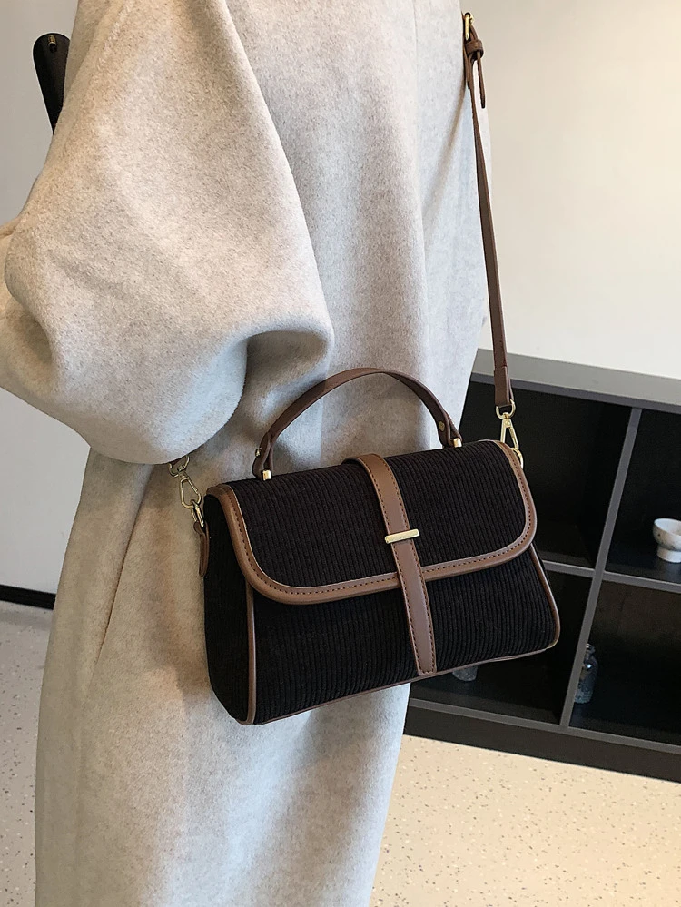 Corduroy Flap Good Quality With PU Leather Handbag Women's Bag Adjustable Crossbody Bag