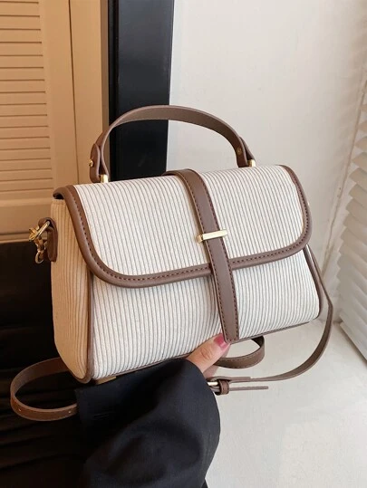 灯芯绒翻盖优质 PU 皮革手提包女士包可调节斜挎包