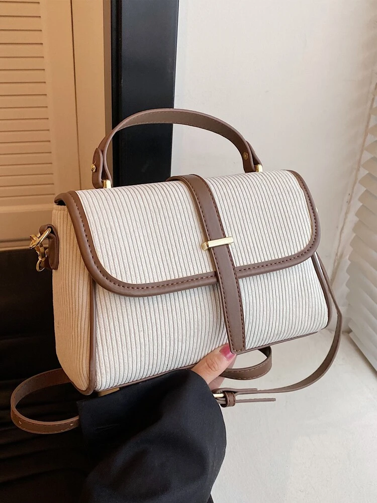 Corduroy Flap Good Quality With PU Leather Handbag Women's Bag Adjustable Crossbody Bag