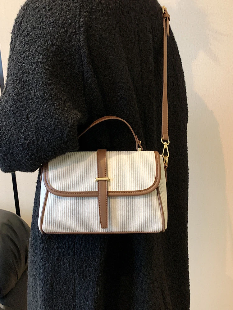 Corduroy Flap Good Quality With PU Leather Handbag Women's Bag Adjustable Crossbody Bag